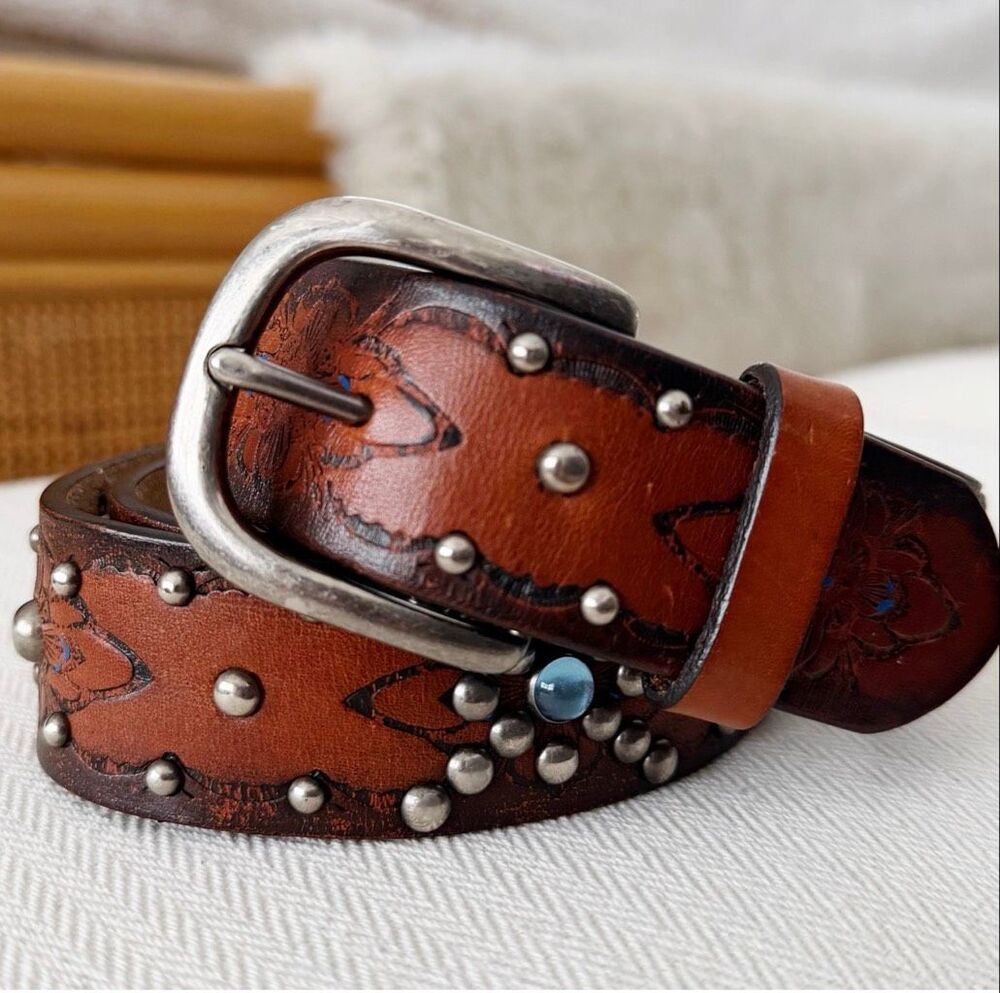 Vintage 90s American Eagle Women's Studded Leather Western Boho Belt Brown Large